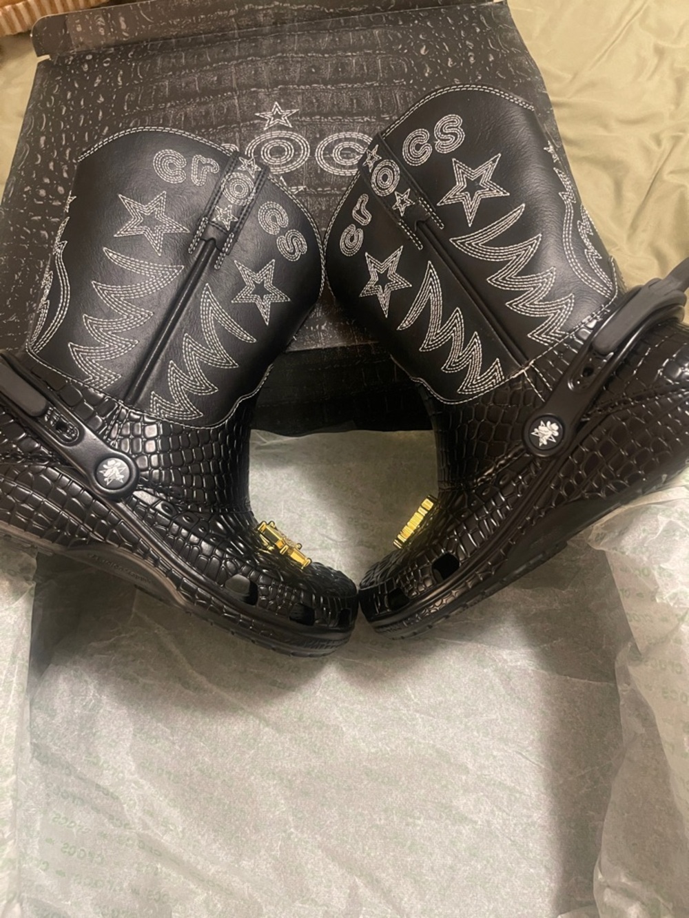 CROCS Black Croc-Textured Cowboy Boot Clog with Gold Accents